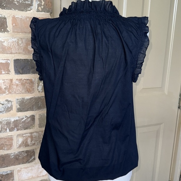 LOFT Midnight Navy Smocked Ruffled Neckline Flutter Cap Sleeve Cotton Blouse - Picture 3 of 9
